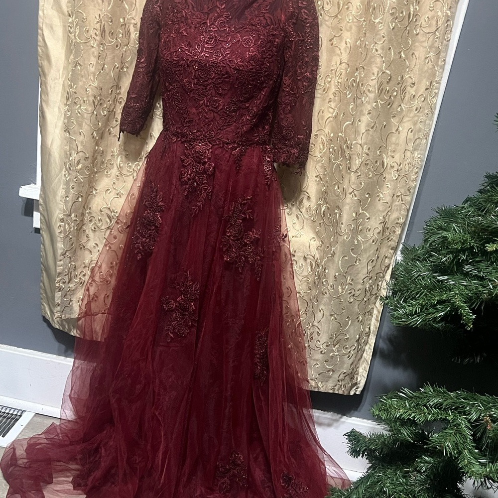 La Femme Deep Red Lace Long Sleeve Gown